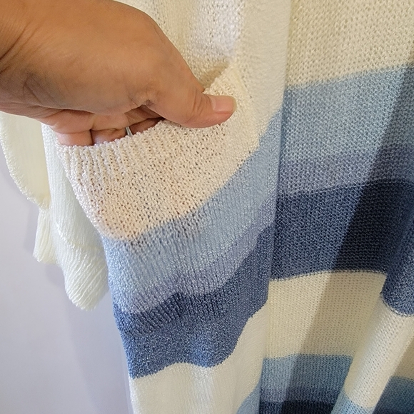 POL Blue White Striped Long Duster Cardigan Sz L Pocket Cottagecore Relaxed Fit - Picture 5 of 12